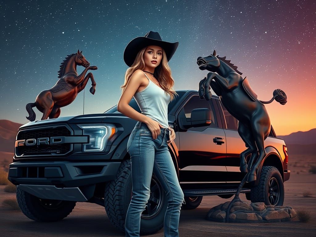 Woman with Bronco Raptor Under Starry Sky