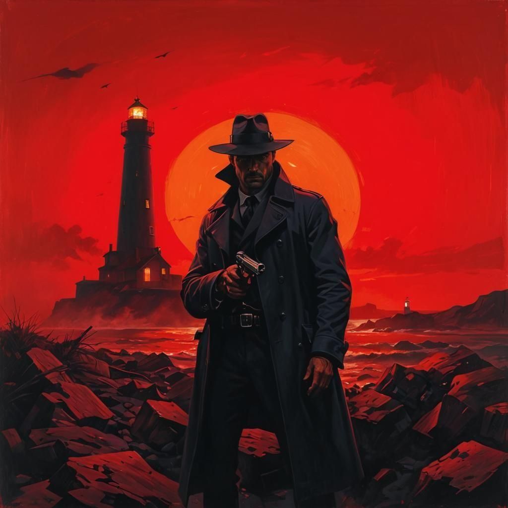 Noir Lighthouse Scene at Night with Revolver