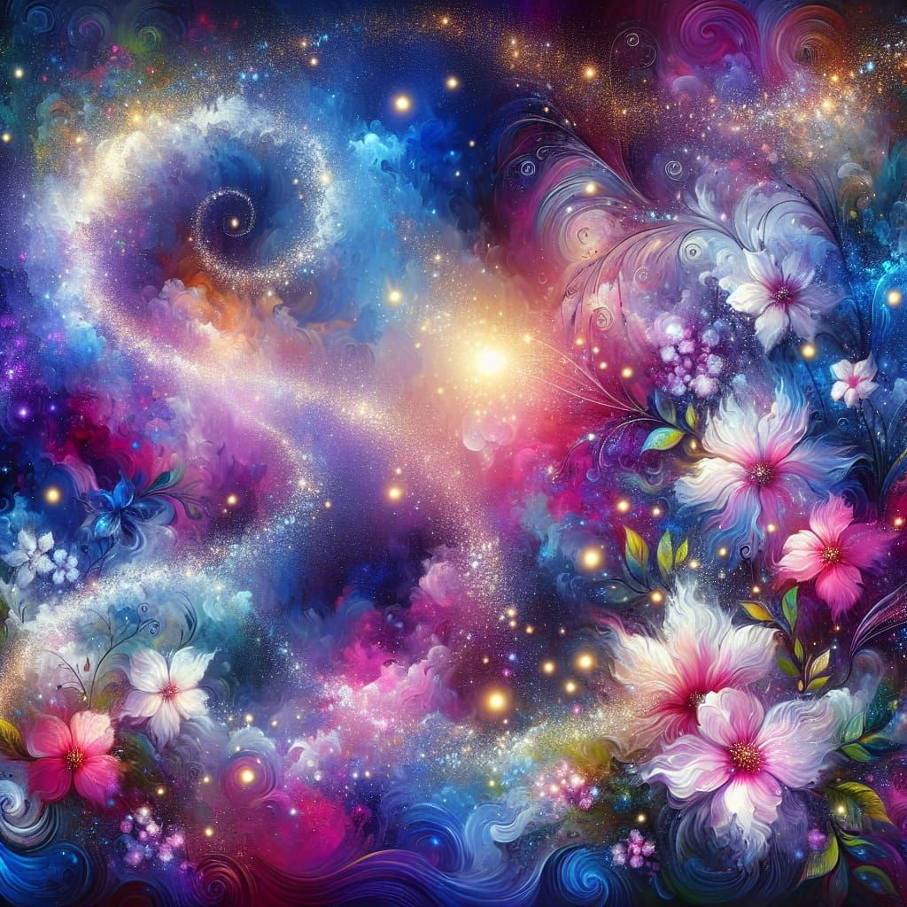 Cosmic Garden Painting with Swirling Galaxies