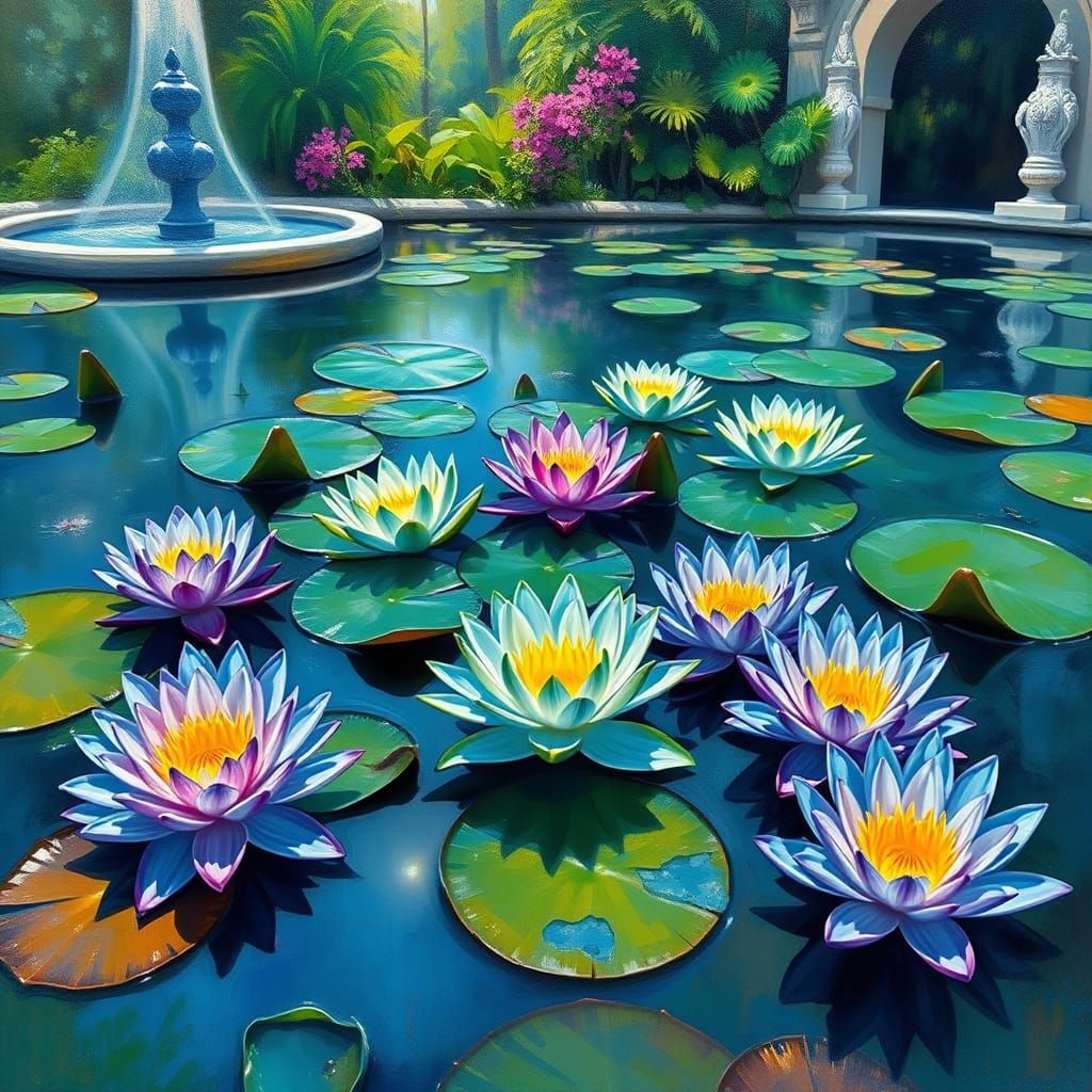 Water Lilies in a Monet-Inspired Pond Scene