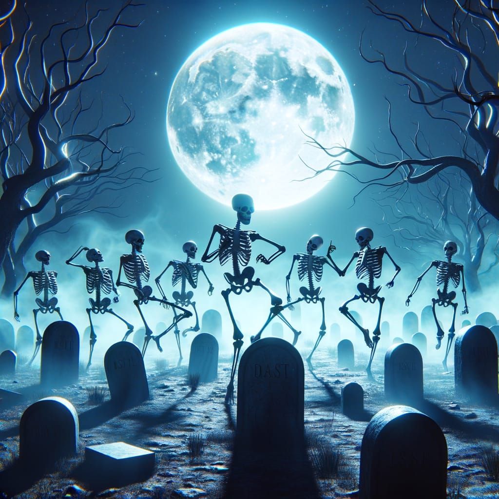 Dancing Skeletons in Graveyard Moonlight