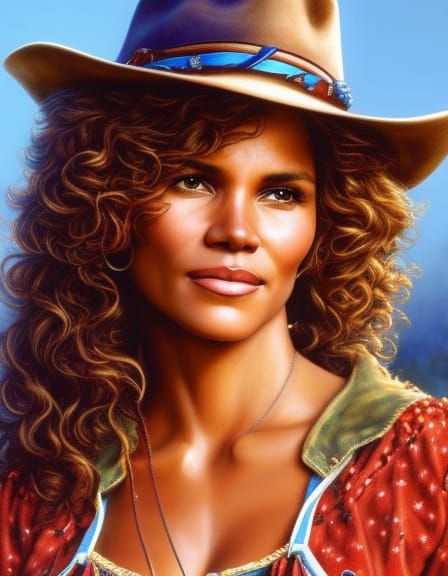 Cowgirl Portrait with Curly Hair in Impressionist Style