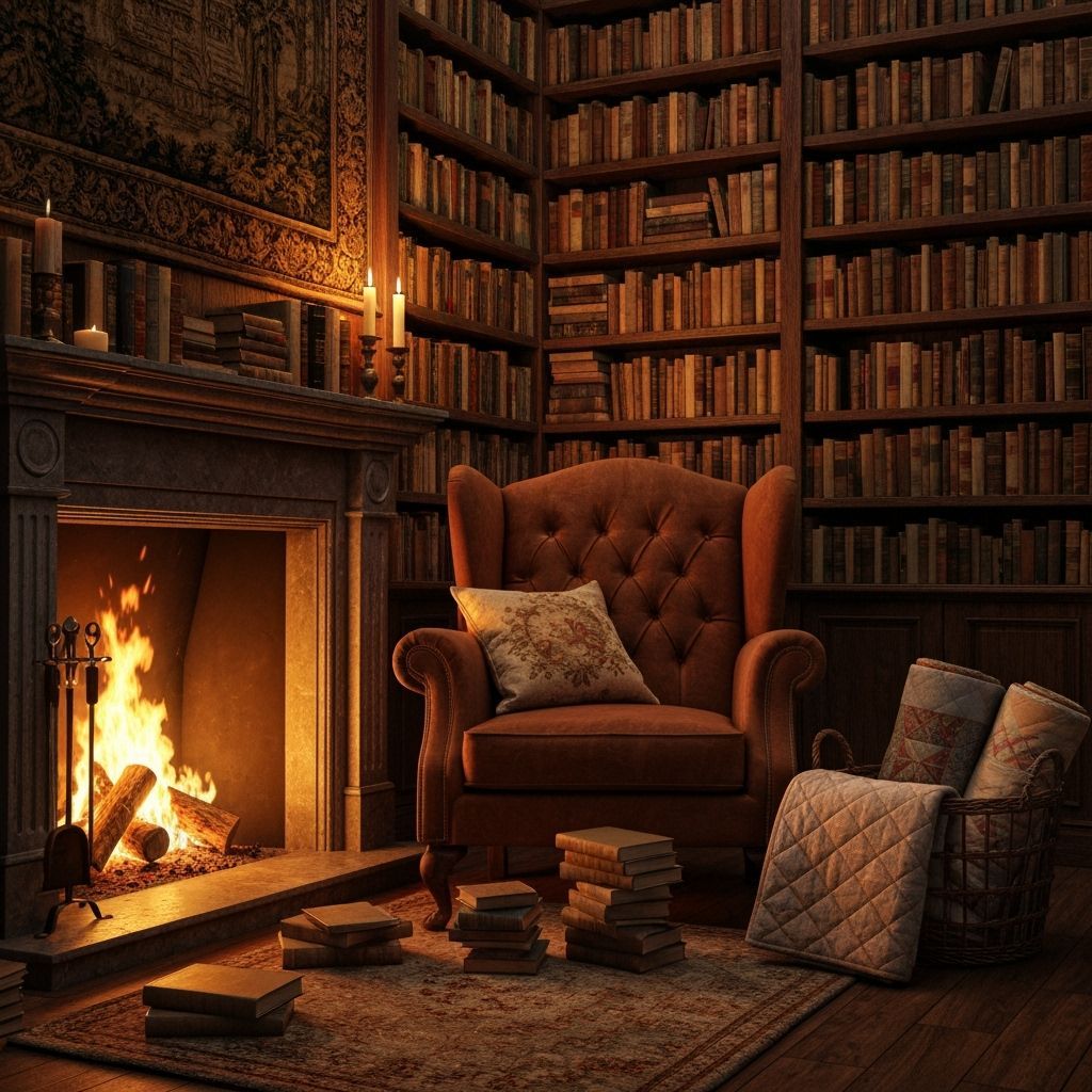 Grand Library Corner with Fireplace and Velvet Armchair