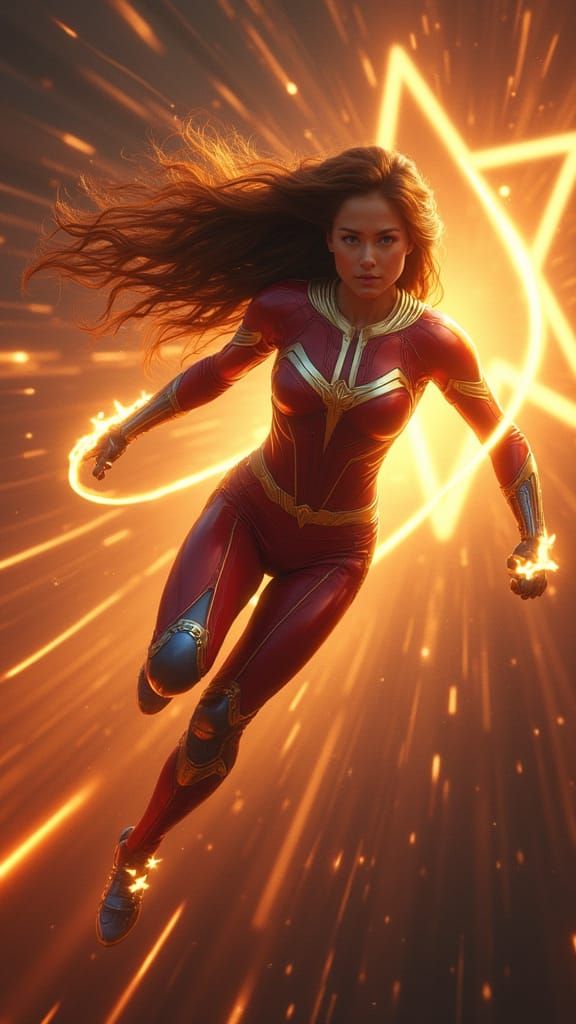Heroic Woman in Flight Through Space, Golden Light Trails
