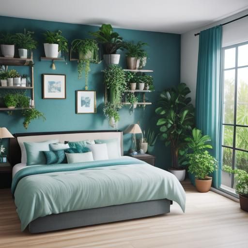 Serene Seagreen and Steelblue Bedroom with Plants