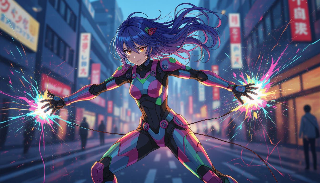 Anime-Style Electrician Superheroine in Vibrant Colors