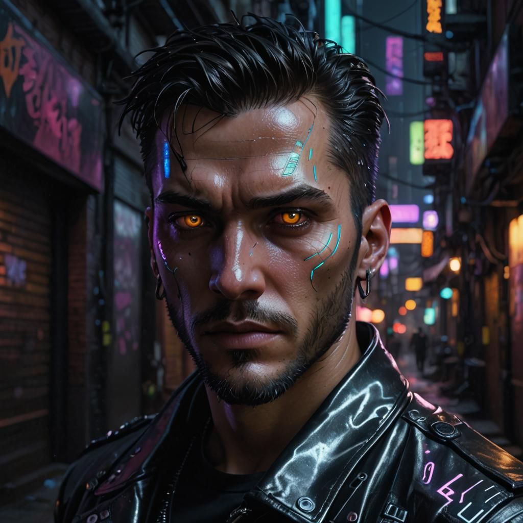 Cyberpunk Man in Neon Alleyway