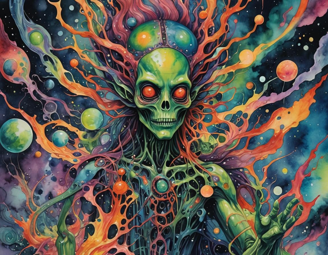 Ethereal Woman Floating Over Lake in Watercolor Style