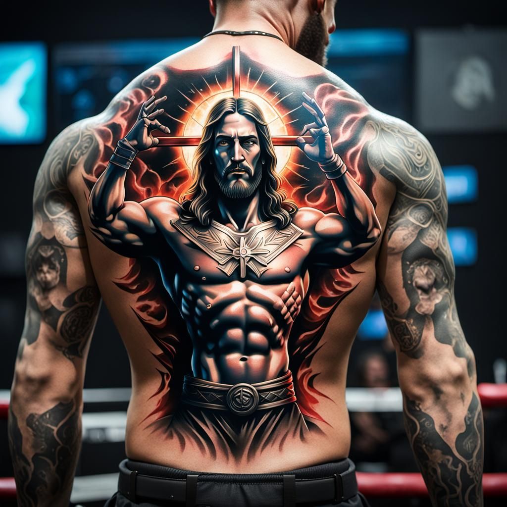3D tattoo on wrestlers back of Jesus through  back breathing...