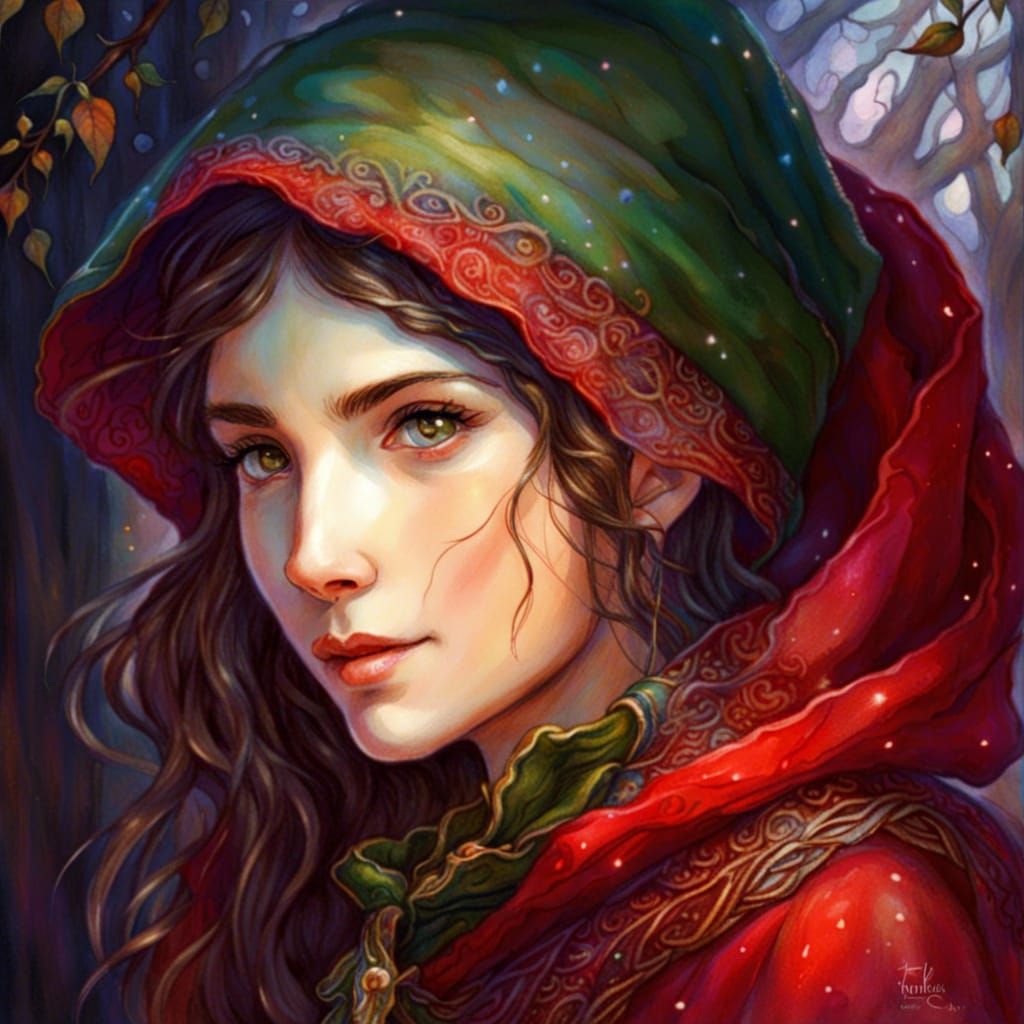Brunette Elf in Red Headscarf: Watercolor Storybook Art