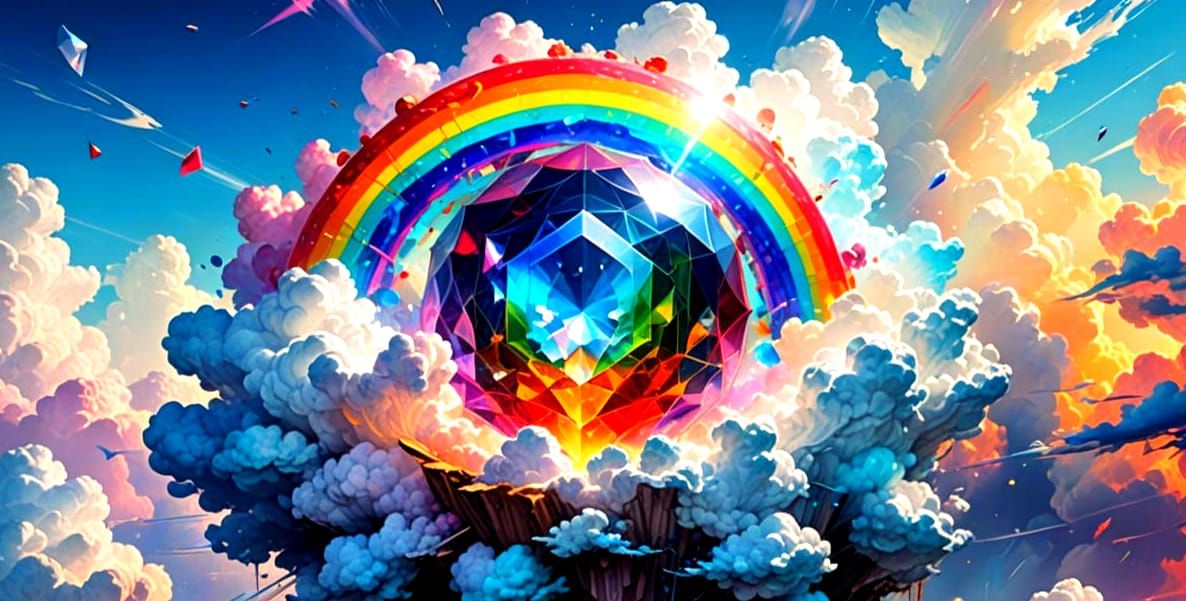Vibrant Rainbow Crystal Unfolds Over White Clouds in Graffit...