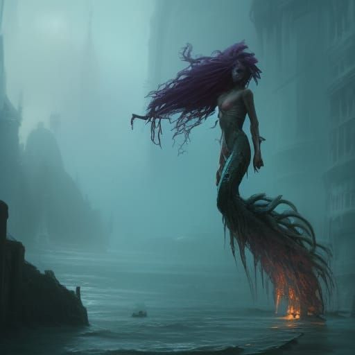 Eerie Mutant Mermaid in Sewer, Fantasy Concept Art