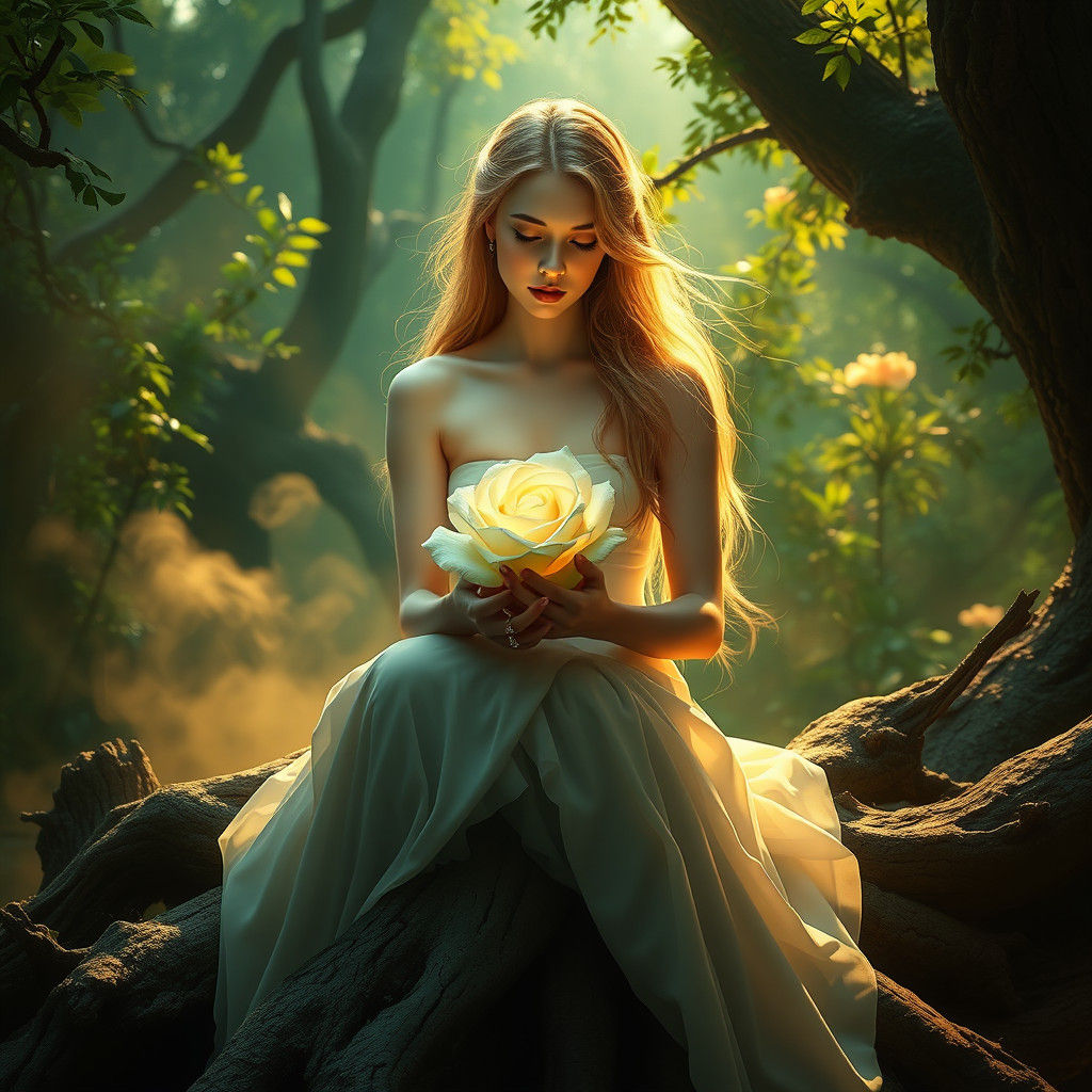 Ethereal Woman with White Rose in Mystical Forest