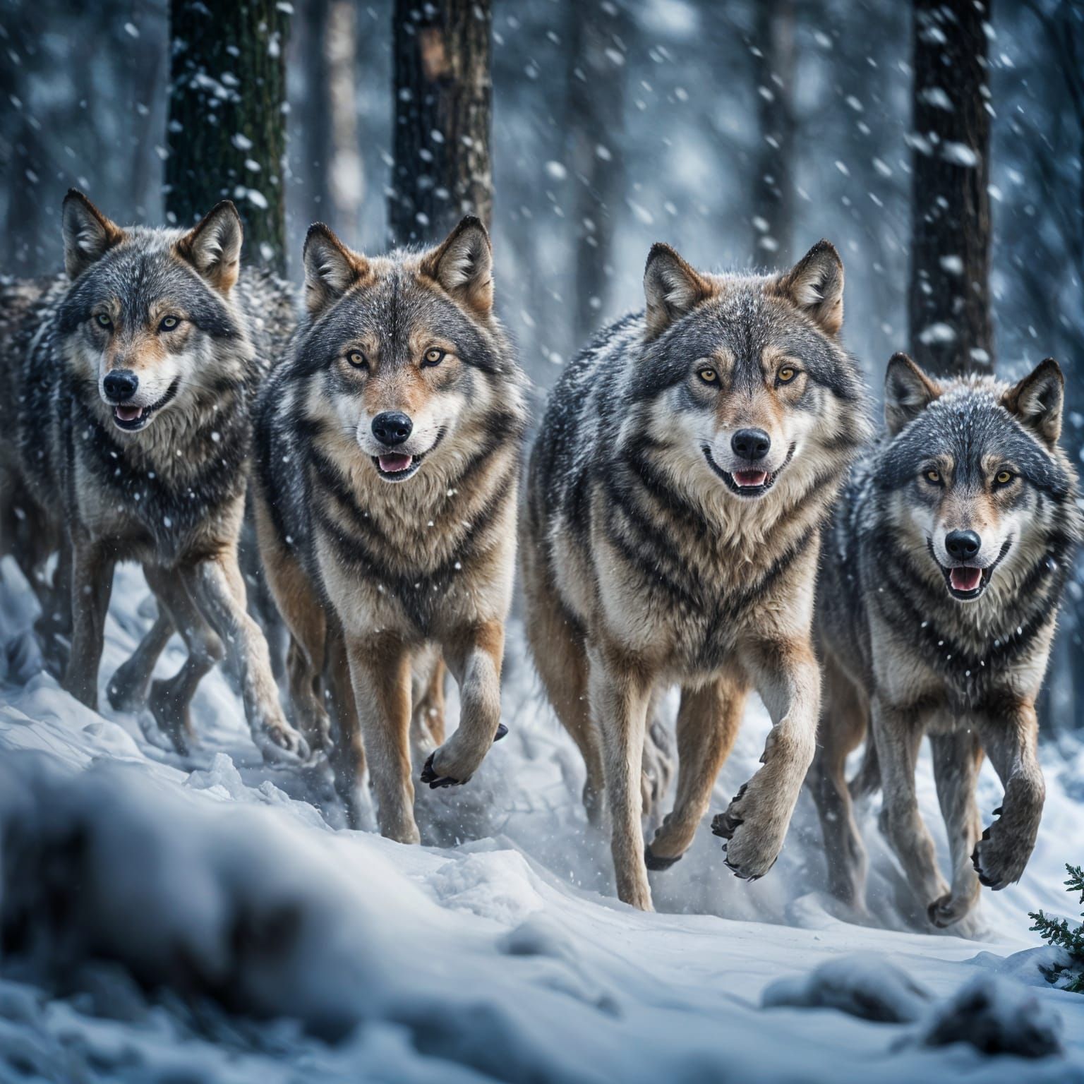 Wolf Pack Hunt in Snowy Forest: Hyperrealistic Photo