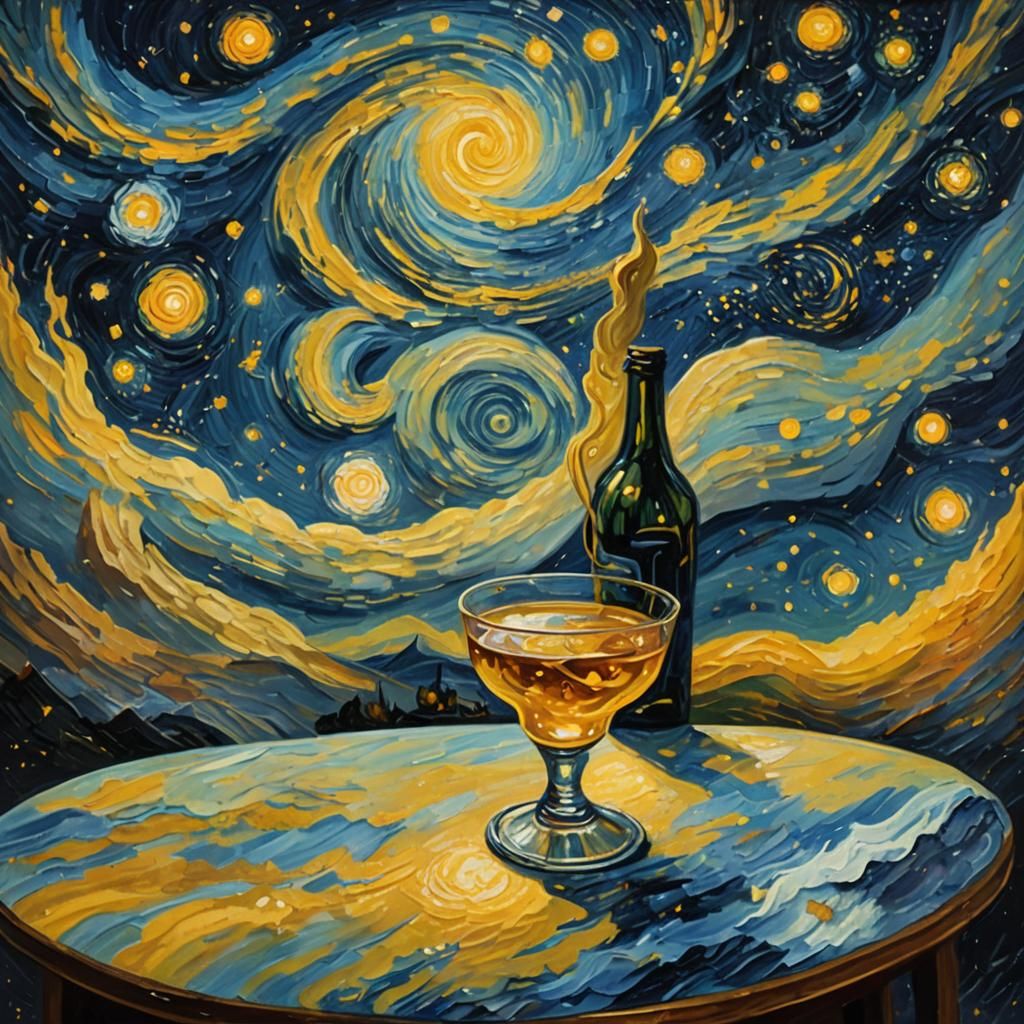 Cosmic Drink Under Starry Night Sky: Van Gogh Style
