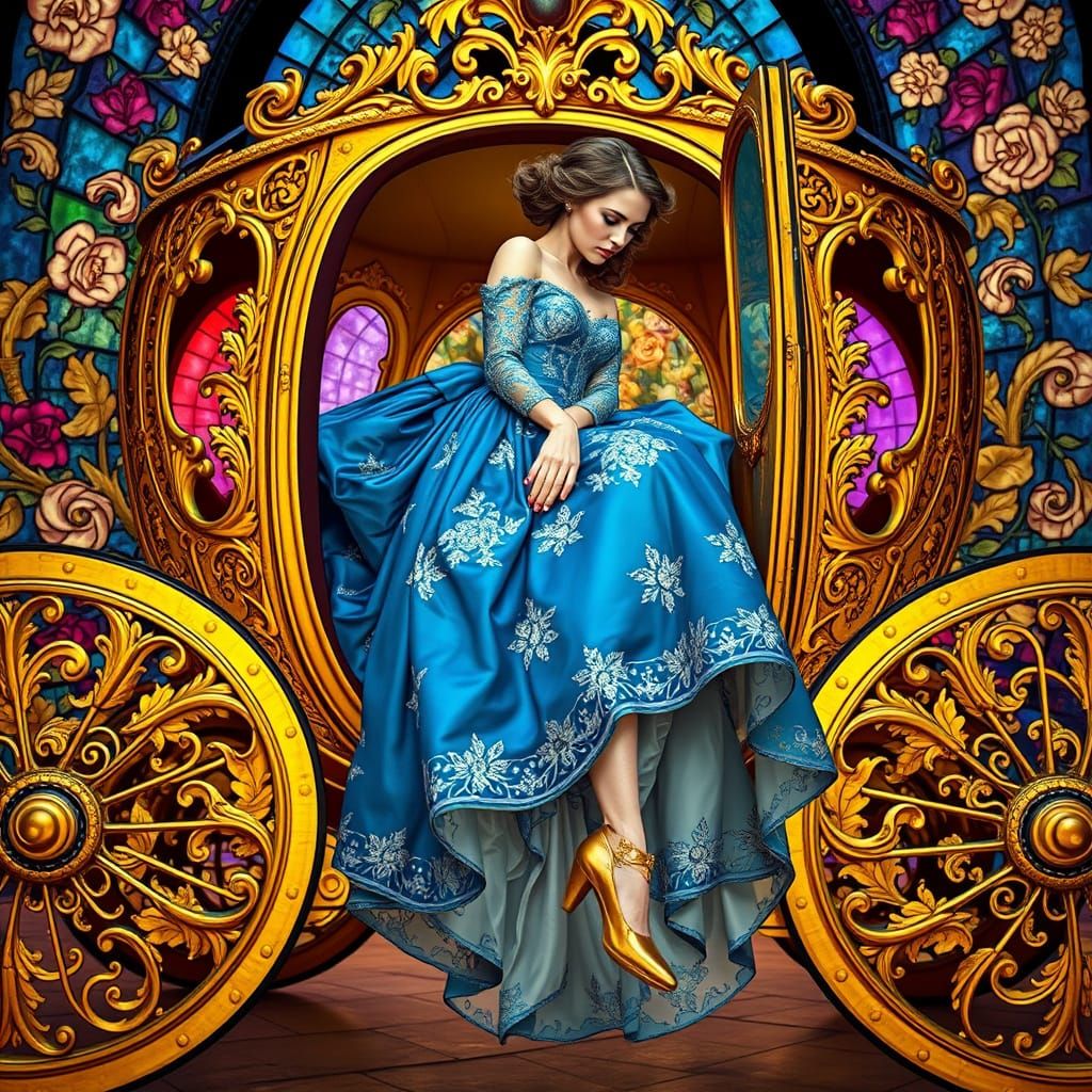 Woman in Lavish Gown Enters Golden Carriage in Stained Glass...