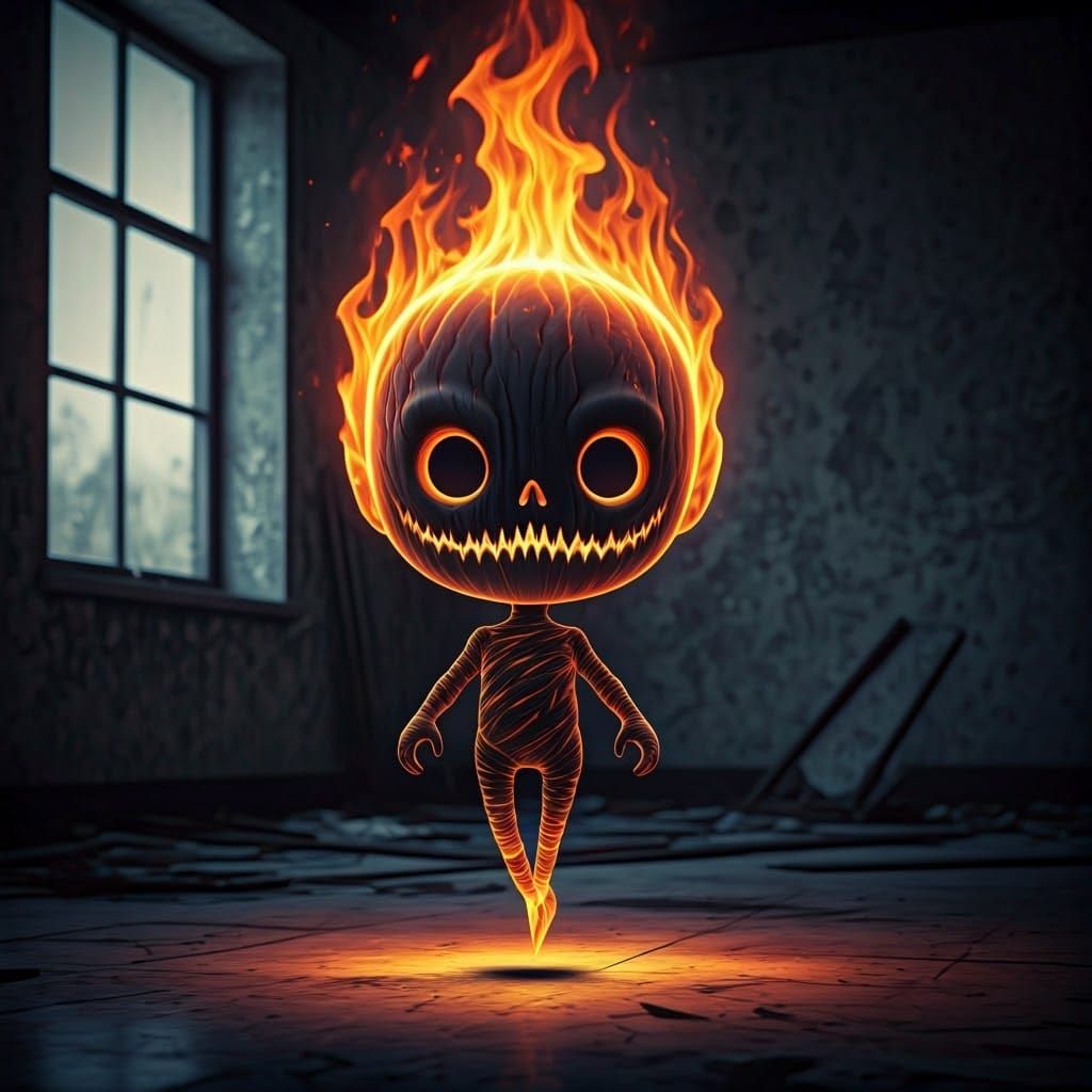 An eerie, captivating chibi styled render of a fiery ghostly entity engulfed in flames. The fire ghost, with its burning...