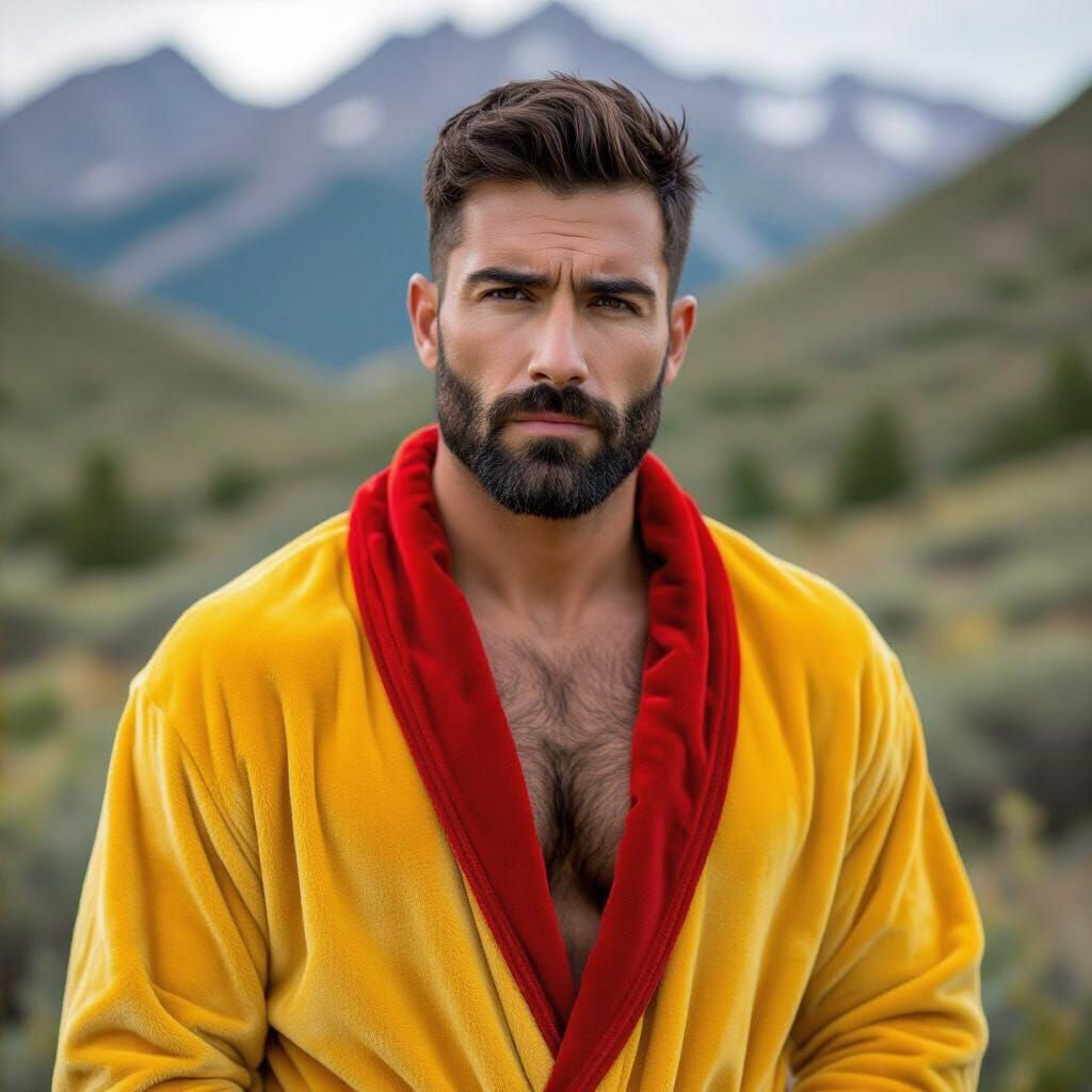 Man in Yellow Velvet Robe in Mountain Landscape