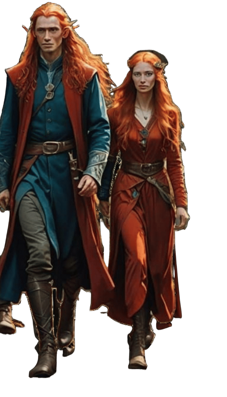 Twin male elves with very long red hair, blue eyes and weari...