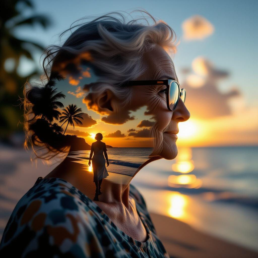 Double Exposure Portrait with Beachscape Silhouette
