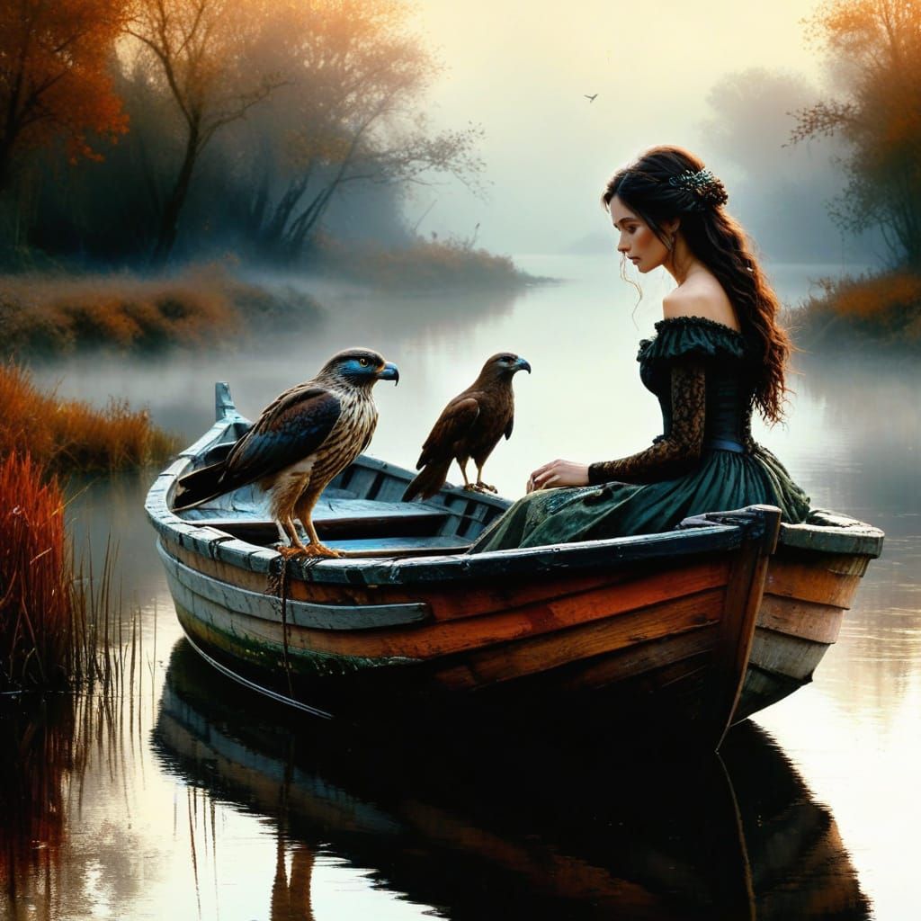 Ethereal Woman in Dilapidated Rowboat with Majestic Goshawk