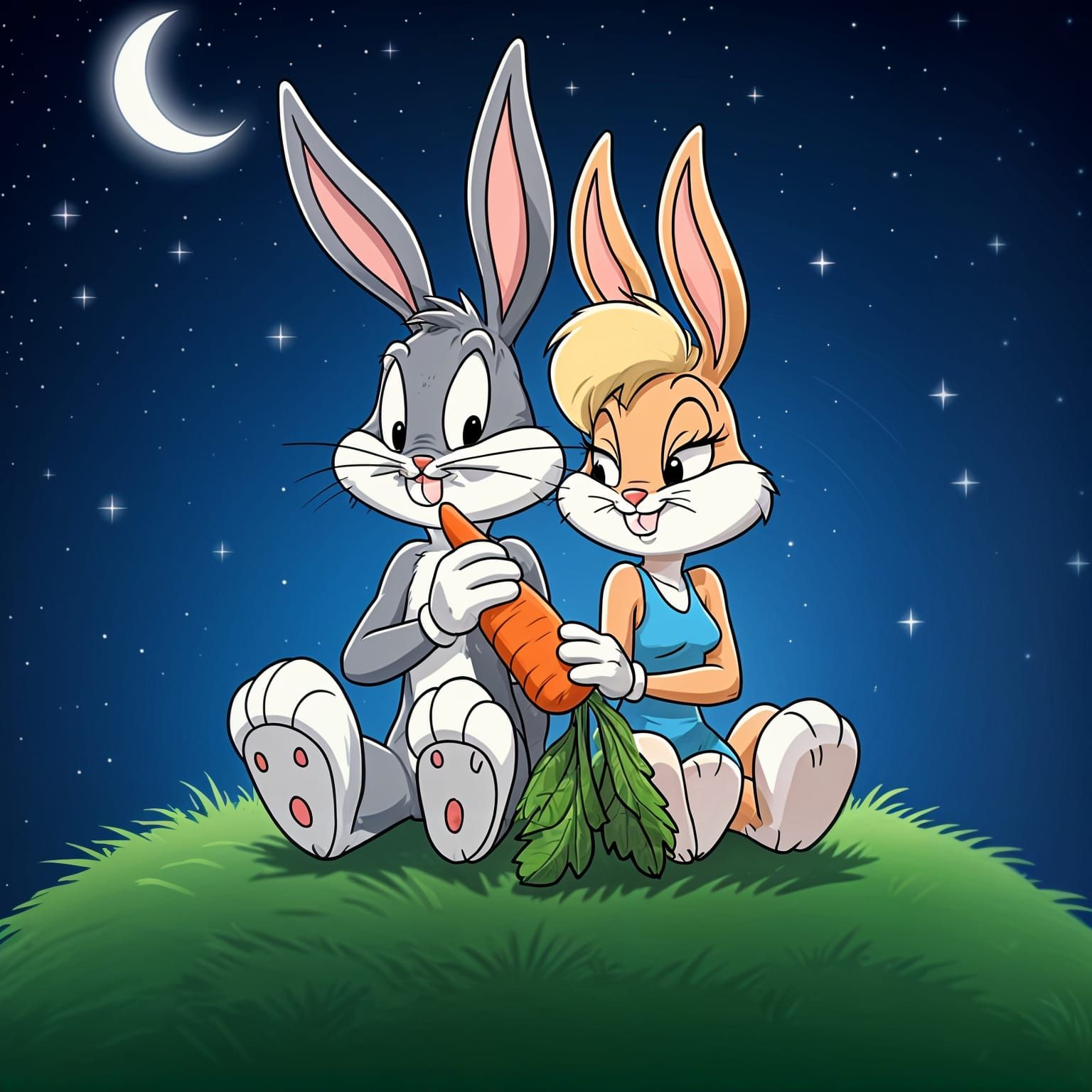 Minimalist doodle of a cute Bugs Bunny and Lola Bunny sharing a carrot on a moonlit starry night date.