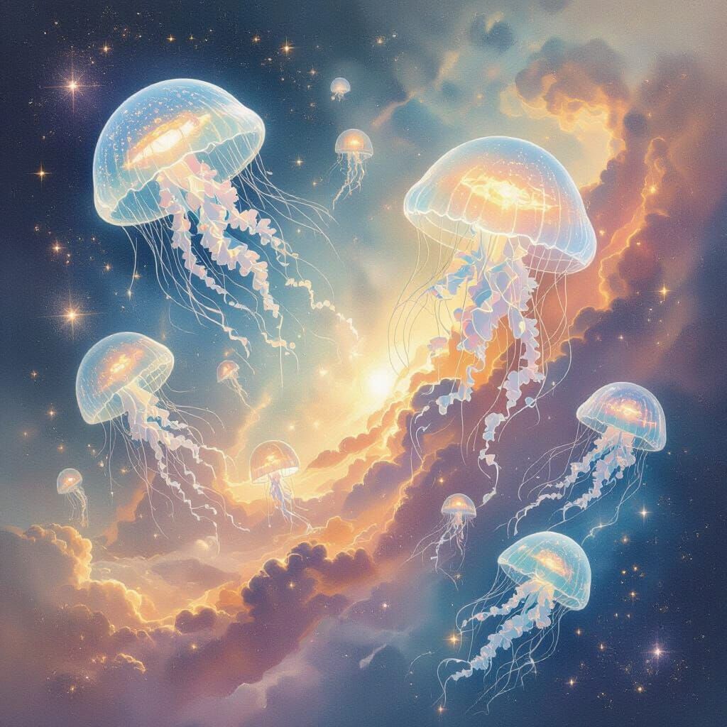 Bioluminescent Celestial Jellyfish in Cosmic Watercolor Styl...
