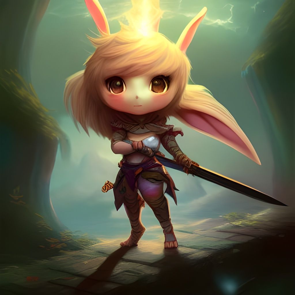 Chibi Bunny Fighter with Glowing Sword, Digital Art