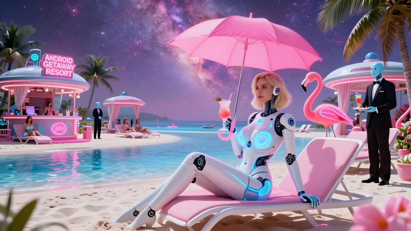 Android Lounging on Futuristic Beach