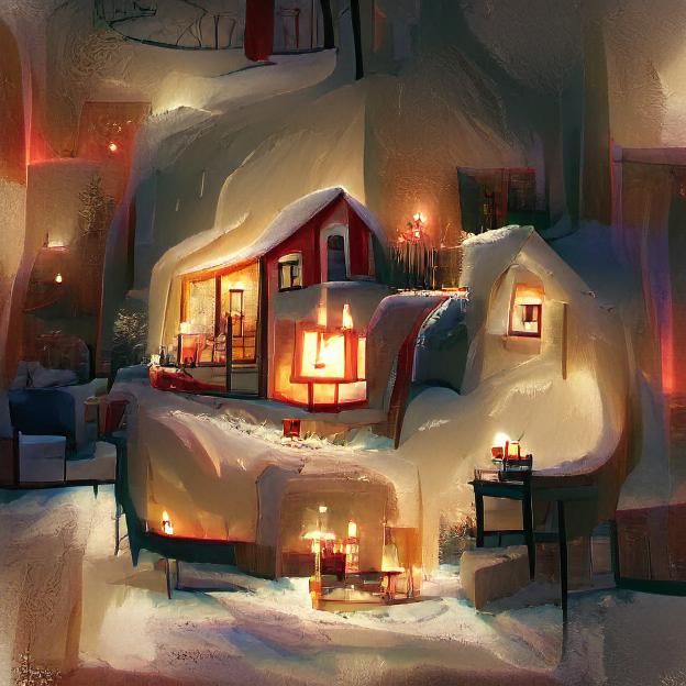 Warm Christmas House on Snowy Night