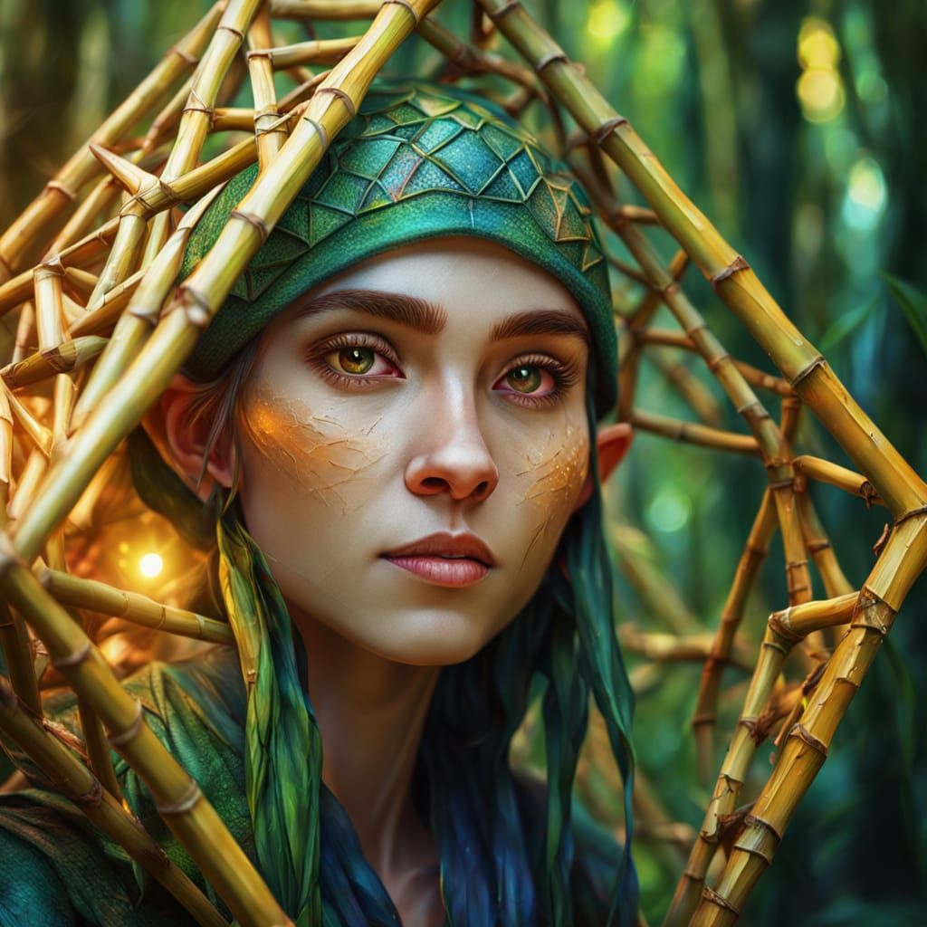 Female Elf in Bamboo Octahedron: Oil Painting