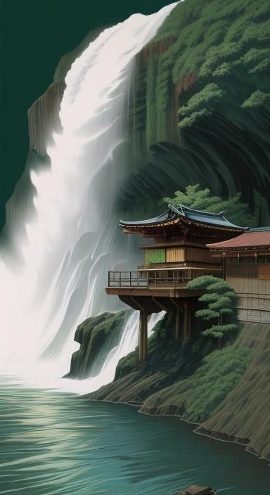 Japanese Woodblock Print of Waterfall With Barrel