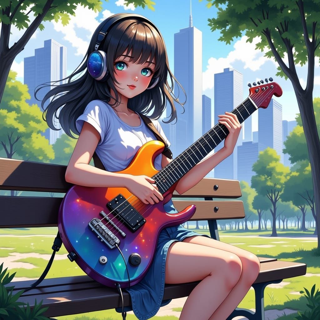 Girl with Guitar in Cityscape, as 3D Anime