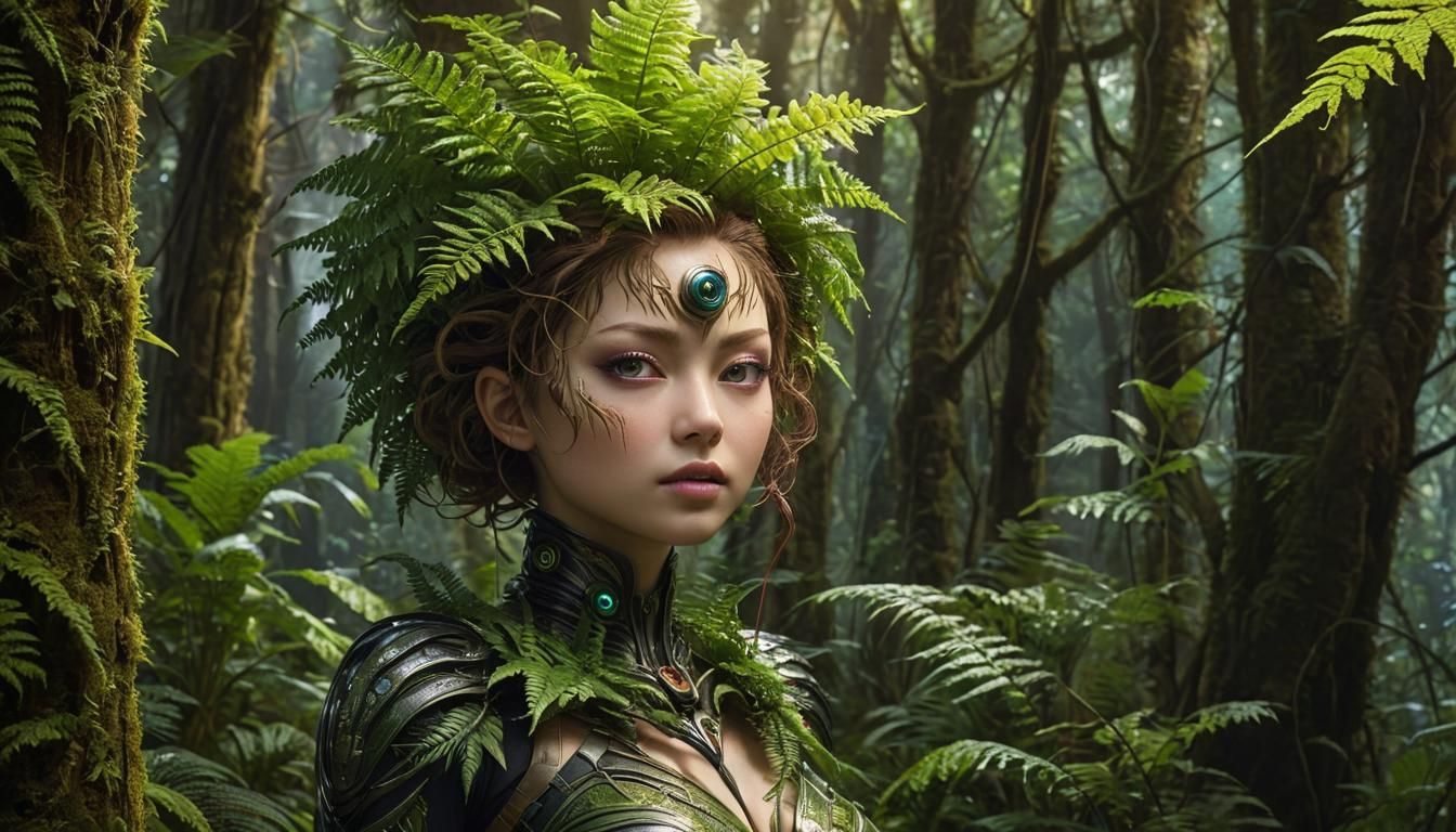 Elemental Harmony + Mystical Flora Infusion, a Superheroine merging with an ominous giant fern plant in a biomechanical ...