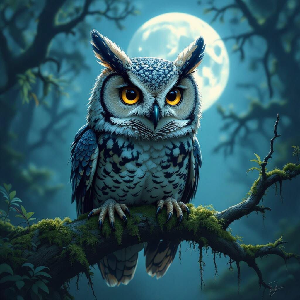 Mystical Owl-Lizard Hybrid in Moonlit Forest