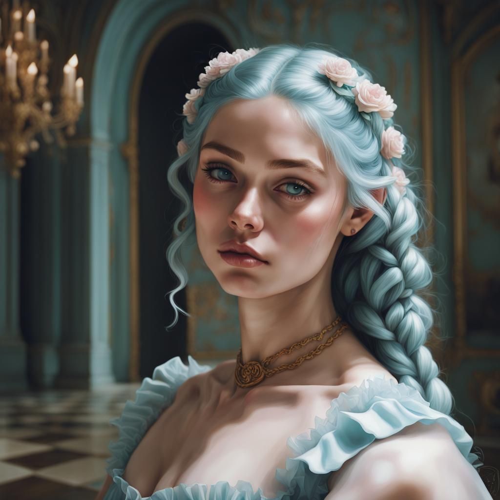 detailed self-sufficient cute teenage with French braids in the style of light azure flowers, wearing a ruffled dress si...