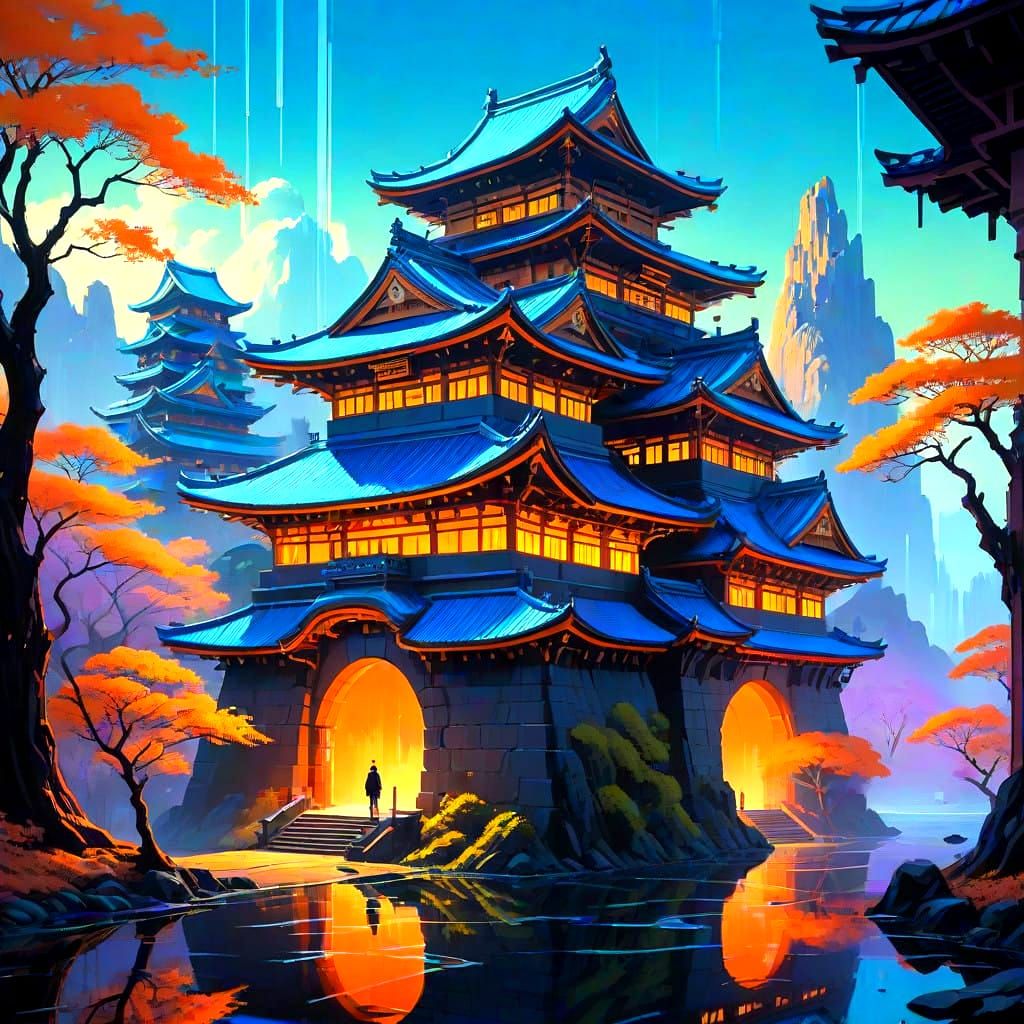Cyberpunk Japanese Castle in Vibrant Bloom