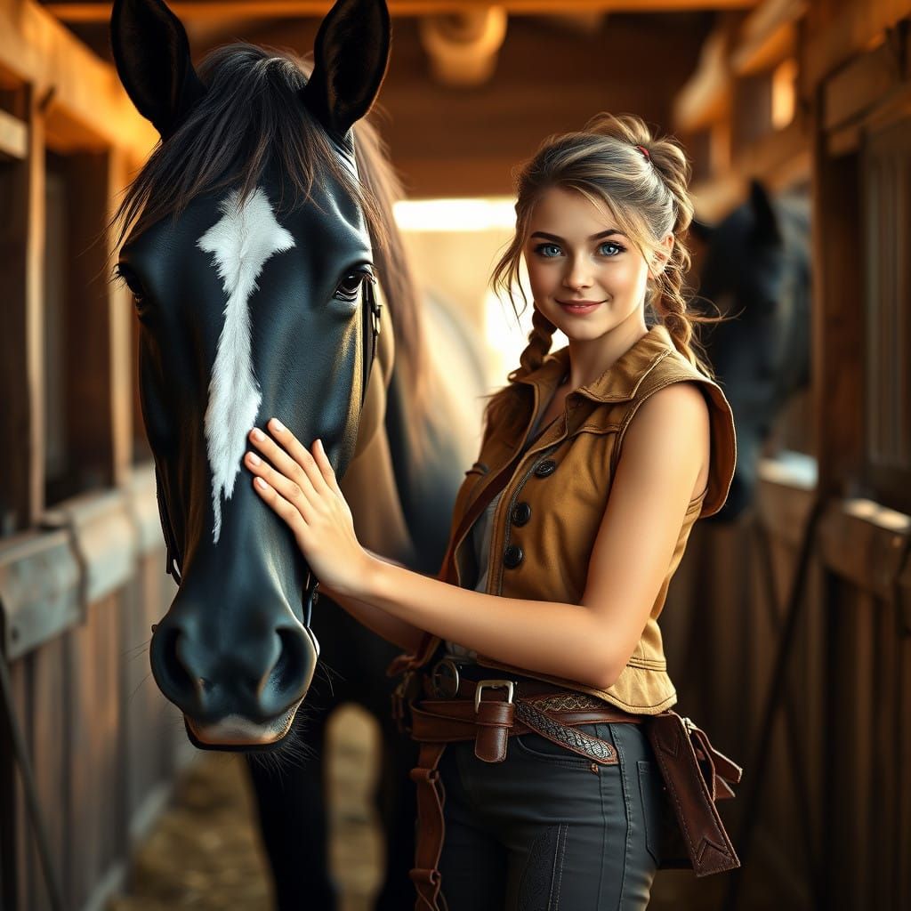 Cowgirl Tending to Majestic Horse in Rustic Stable
