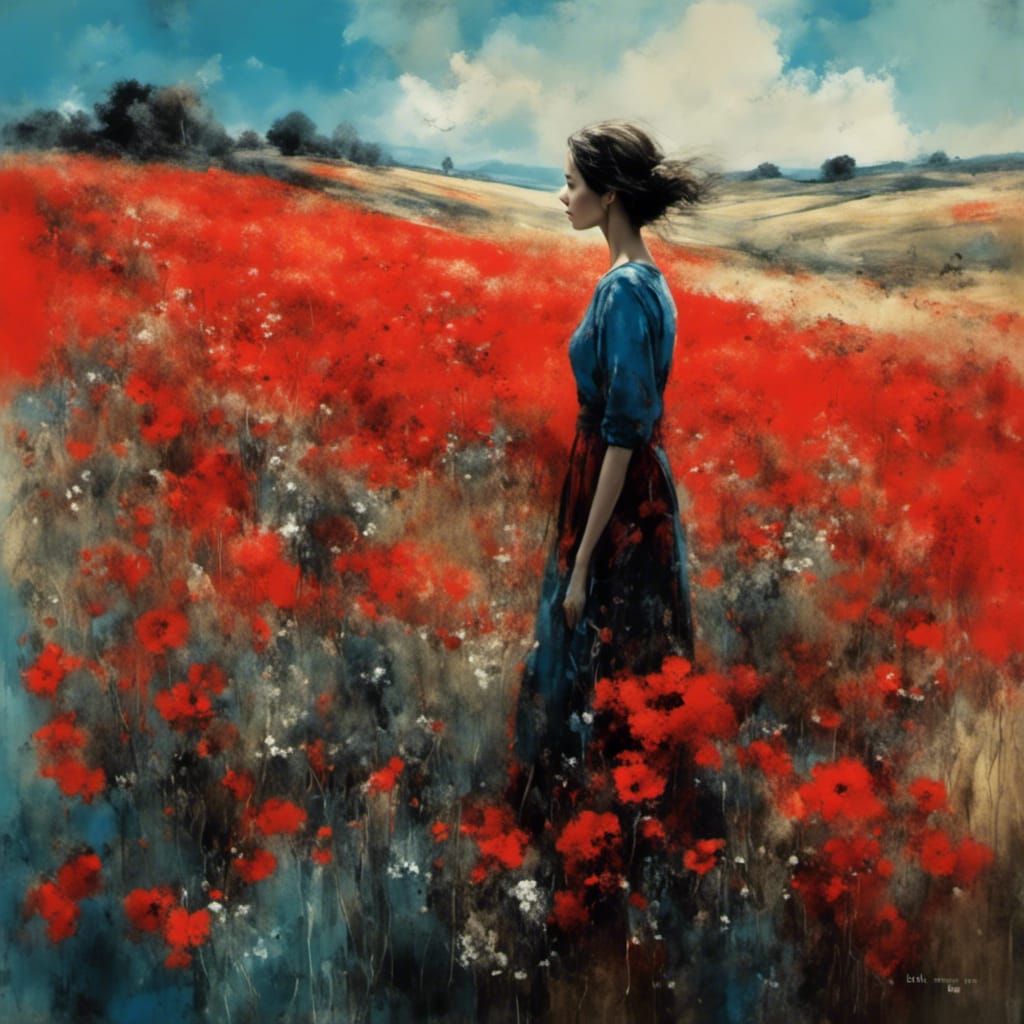 Landscape with red popies