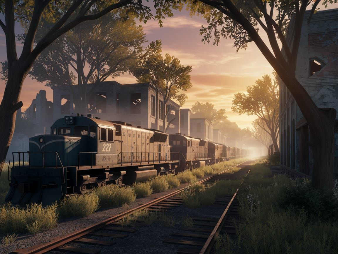 Forgotten Train Depot at Sunset in a Cyberpunk Aesthetic