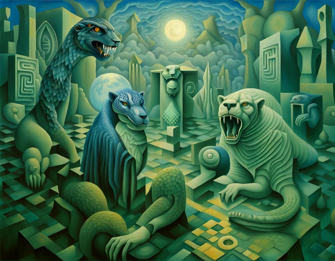 A black jaguar, a chameleon, a bear, an anaconda, a crocodil...