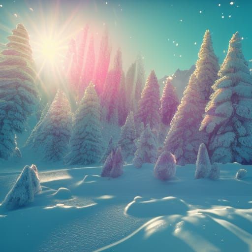 Bright Winter Mountain Landscape in Pop Surrealist Style