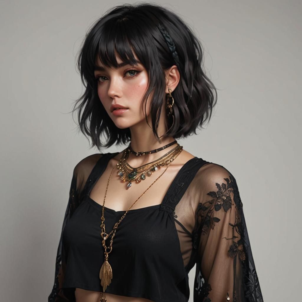 Boho Grunge: Messy Bob with Bangs, Detailed Portrait