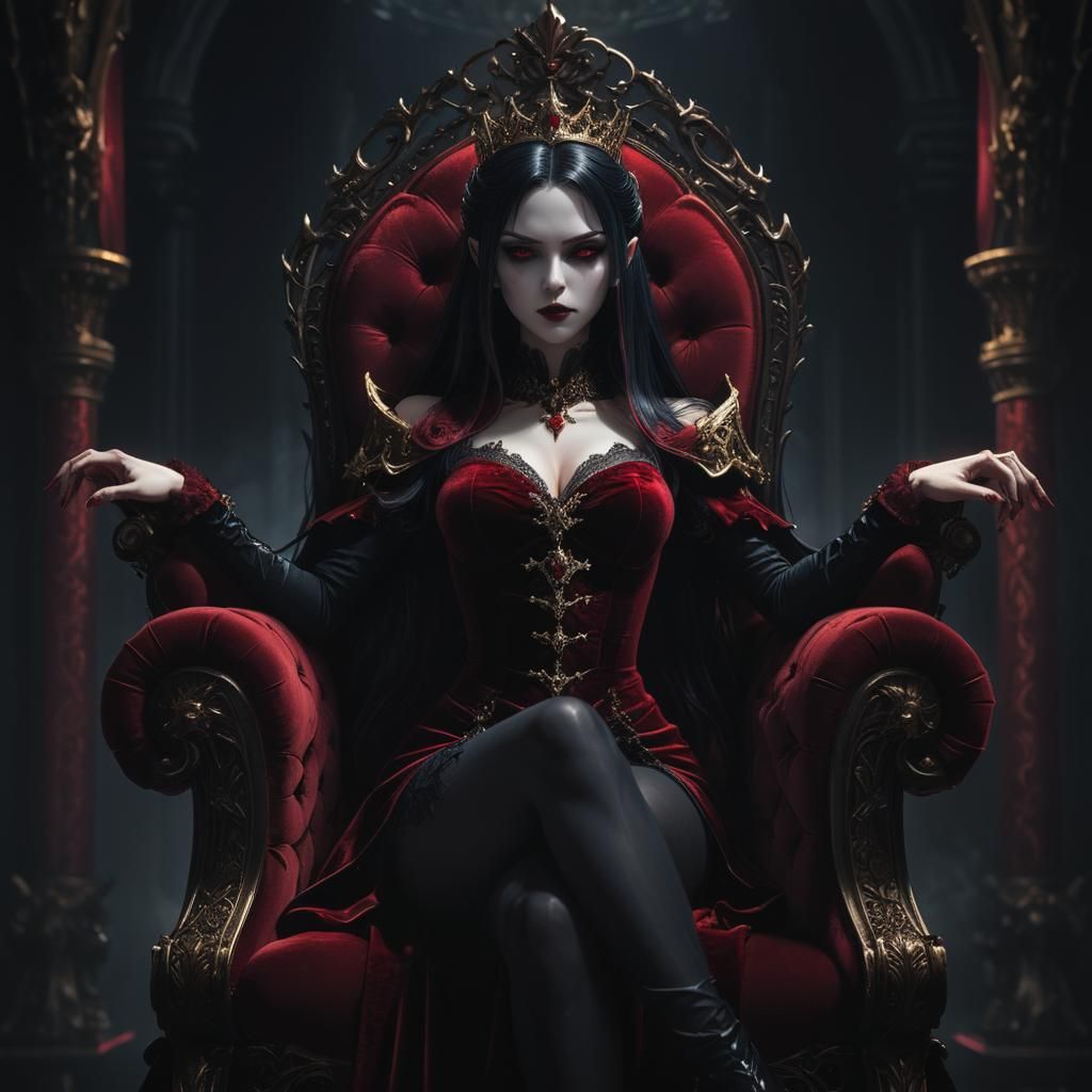 Vampire Queen on Throne in Dark Fantasy Anime Style