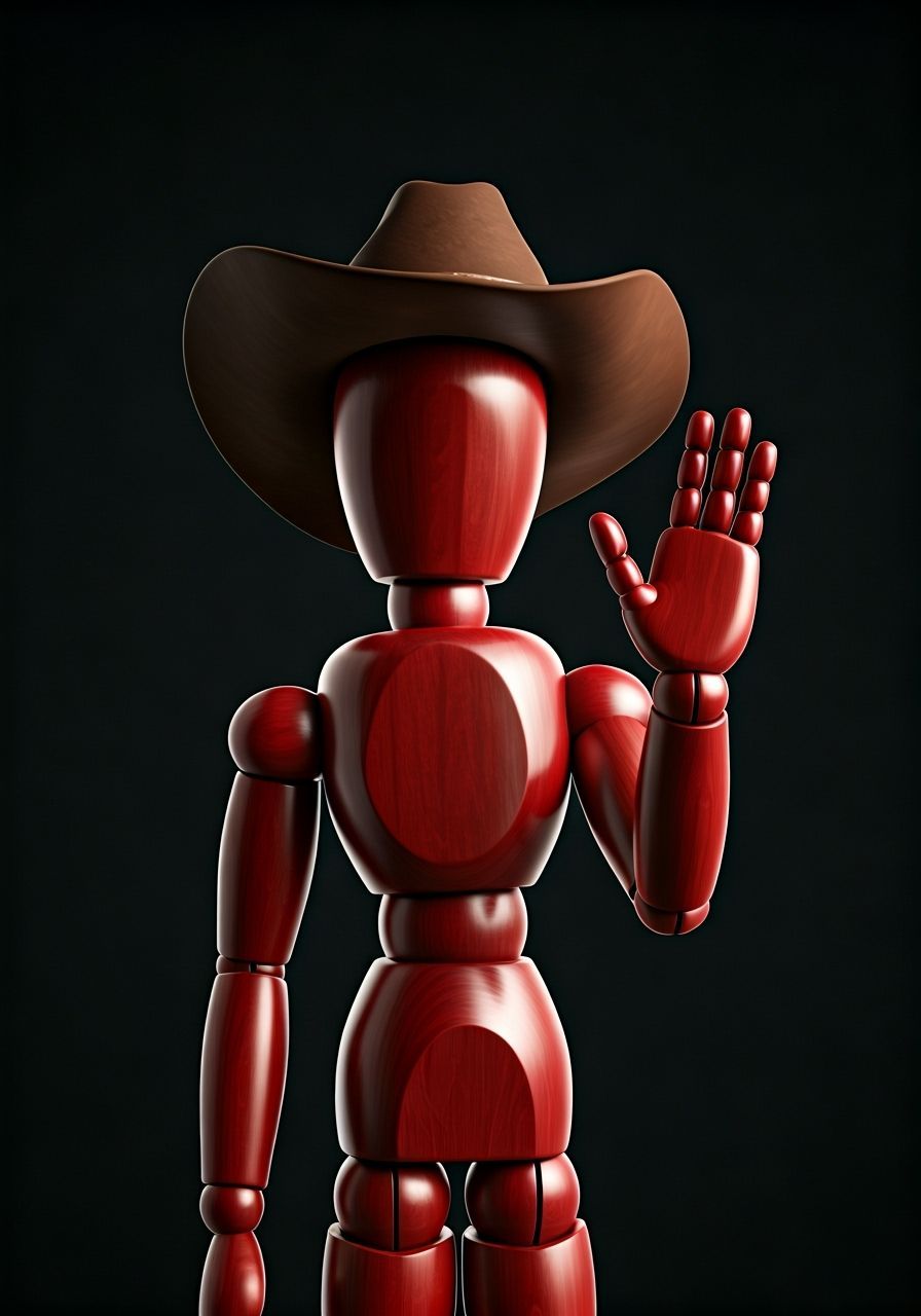 3D CGI Cowboy Mannequin Waving Hello in Pixar Style