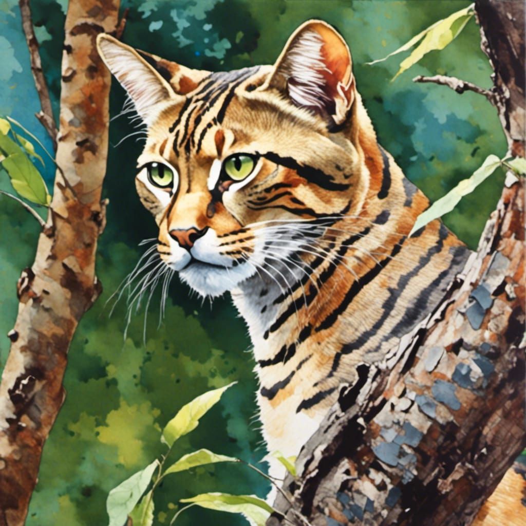Jungle Cat Sunning in Watercolor Style