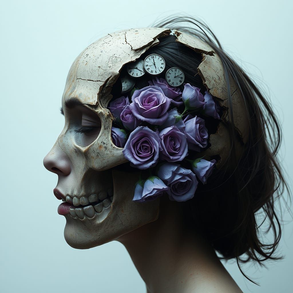 Melancholic Woman with Roses in Cracked Skull