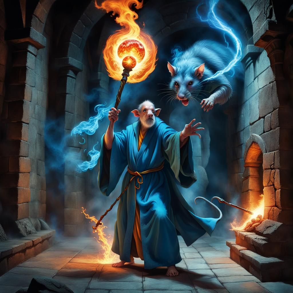 Wizard Casting Fireball in a Fantastical Dungeon