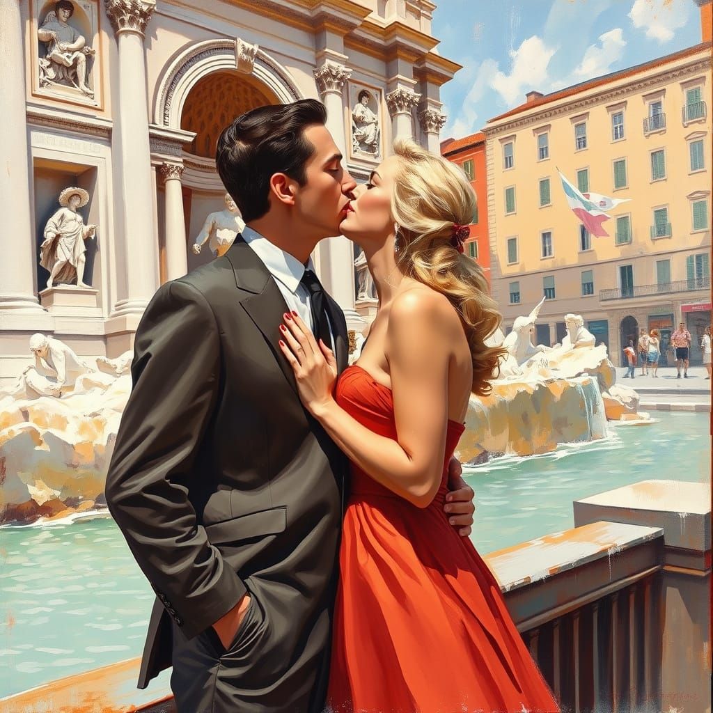 Romantic Kiss by the Trevi Fountain: Impressionistic Oil Pai...
