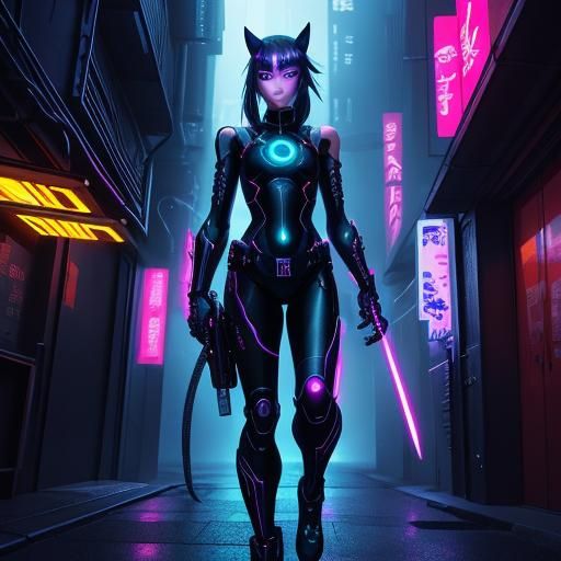 Cyberpunk Ninja Cat Girl in Manga Style